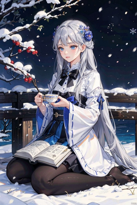  , 1girl, lantern, long hair, blue eyes, flower, hair ornament, hair flower, snow, cup, sitting, solo, cat, bangs, holding, outdoors, winter, snowing, seiza, animal, tree, long sleeves, grey hair, dress, closed mouth, looking away, blue flower, wide sleeves, very long hair, teapot, holding cup, teacup