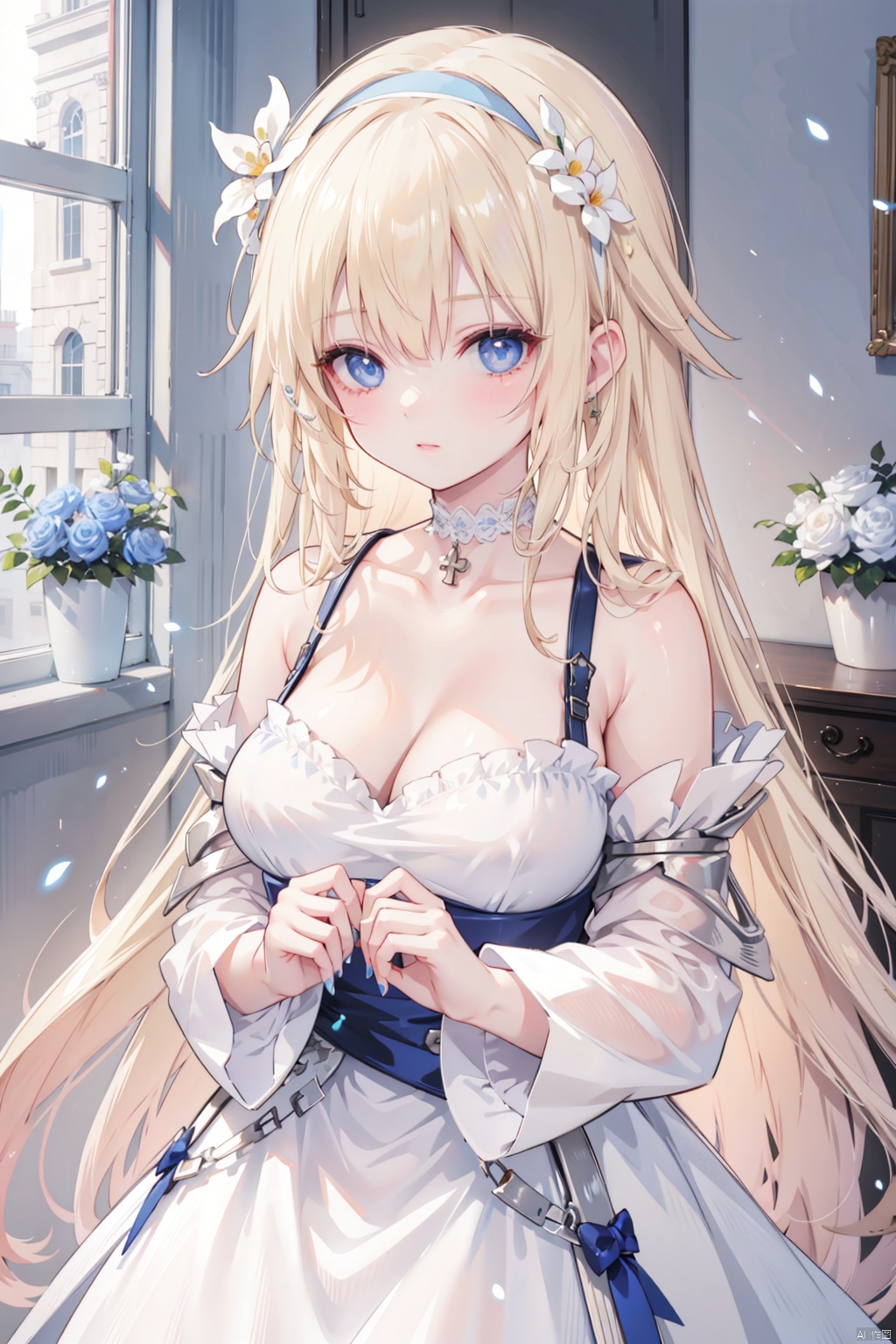 , 1girl, breasts, long hair, blonde hair, blue eyes, solo, jeanne d'arc \(fate\), cleavage, dress, large breasts, blush, looking at viewer, hair ornament, flower, hair flower, bangs, hairband, white dress, choker, crystal, ice, blue nails, rose, nail polish, very long hair, long sleeves, see-through, collarbone