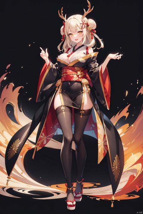 1girl, solo, ((liquid clothes)), ,
(extremely detailed CG, best quality:1.1), 1girl, perfect face, bright pupils, (finely detailed beautiful eyes:1.1), half-closed eyes, shiny skin, lustrous skin, wide hips, narrow waist, double bun, yellow eyes, horns, antlers, hair ornament, japanese clothes, black kimono, pantyhose, black bodystocking, bow, :d, large breasts, black high heels, full body, standing, v legs,  
