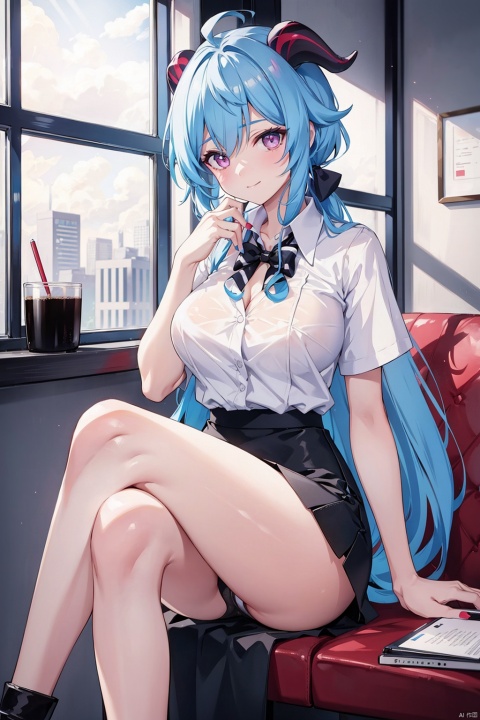 , 1girl, ganyu \(genshin impact\), breasts, button gap, crossed legs, horns, long hair, solo, skirt, blue hair, sitting, ahoge, pencil skirt, shirt, looking at viewer, black skirt, purple eyes, cup, white shirt, thighs, underwear, large breasts, bangs, office lady, panties, smile, cleavage, alternate costume, blue nails, goat horns, collared shirt, bare legs, very long hair, shirt tucked in, miniskirt, multicolored eyes, pantyshot, coffee, window, nail polish, black panties, contemporary, sidelocks, teacup, indoors, table, hand on own chest, gradient eyes, collarbone, closed mouth, blush, bow, low ponytail, short sleeves, legs, dress shirt, hair between eyes, taut shirt
