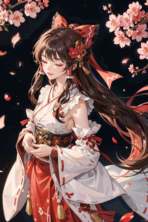 , 1girl, long hair, solo, hakurei reimu, brown hair, petals, bow, hair bow, wide sleeves, hair tubes, japanese clothes, red bow, flower, closed eyes, from above, skirt, cherry blossoms, long sleeves, hair ornament, branch, hair flower, very long hair, red skirt, miko, ribbon trim, kimono, detached sleeves, ribbon-trimmed sleeves, bangs