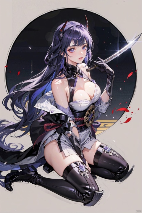  , 1girl, raiden mei, solo, weapon, horns, breasts, long hair, sword, looking at viewer, gloves, holding, purple hair, sitting, bangs, holding weapon, purple eyes, cleavage, katana, very long hair, holding sword, armor, black gloves, full body, black footwear, bare shoulders, japanese armor, oni horns, thighhighs, gauntlets, single gauntlet, glowing, boots, medium breasts, parted lips, sheath, large breasts, blunt bangs
