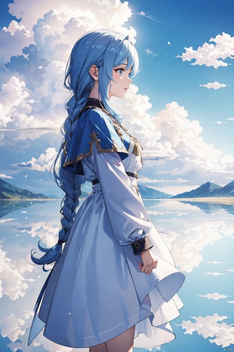 , 1girl, cloud, sky, solo, dress, scenery, long hair, cloudy sky, fantasy, reflection, capelet, standing, from side, braid, long sleeves