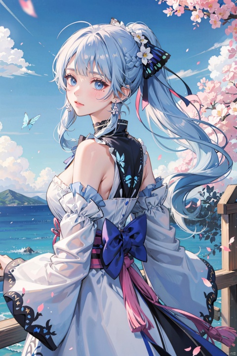 , 1girl, butterfly, bug, long hair, solo, flower, looking at viewer, outdoors, blue eyes, sky, bangs, detached sleeves, ponytail, blue hair, hair ornament, kamisato ayaka, white flower, cloud, blurry, earrings, jewelry, bare shoulders, long sleeves, blue butterfly, closed mouth, blush, looking back, ribbon, hair ribbon, sidelocks, japanese clothes, blue sky, breasts, braid, sash, day, very long hair, from behind, bow, tassel, cloudy sky, standing, medium breasts, mole, depth of field, light blue hair, wide sleeves, dress, choker, mole under eye