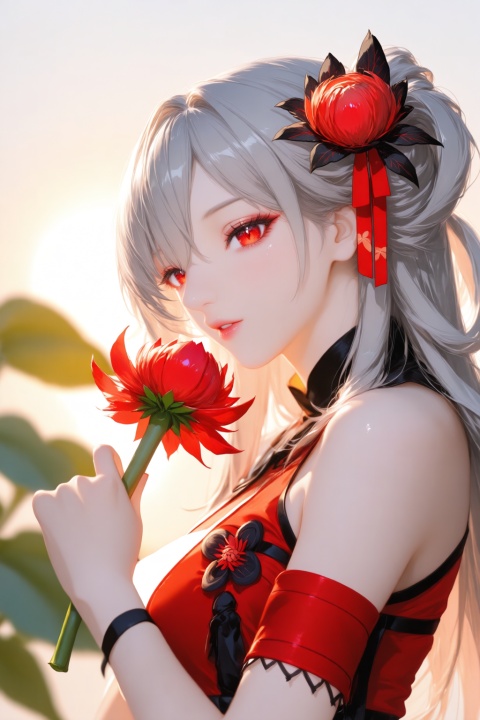 1girl, solo, flower, spider lily, red flower, bandages, long hair, holding, bangs, blurry, bandaged arm, bare shoulders, holding flower, sunlight, upper body, sleeveless, grey hair, profile, eyelashes, red eyes, looking away, lips, chinese clothes, blurry background, parted lips