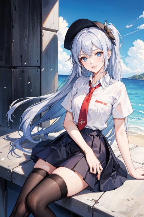 1 girl, souryou asuka langley, solo, thighhighs blue eyes, long hair, dress, silver hair, tie, shirt, sitting, looking at the audience, white shirt, chest, black thighhigh black dress, short sleeves, bangs, red tie, hair between eyes, sky, ultra short skirt, collar shirt, Zetai Liangmu daytime, smile, parted lips, blue sky, thighs, pleated skirt, medium chest, outdoor, headwear, side up, mechanical arm