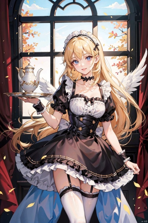 , 1girl, solo, long hair, blonde hair, thighhighs, stairs, black thighhighs, bow, tray, head wings, cup, black bow, holding, short sleeves, looking at viewer, garter straps, smile, wrist cuffs, wings, maid, indoors, purple eyes, breasts, very long hair, standing, medium breasts, apron, puffy sleeves, skirt, choker, puffy short sleeves, collarbone, light particles, teacup, teapot, bangs, holding tray, blue eyes, maid headdress, dress, frills, window, black skirt, zettai ryouiki, hair between eyes, hairband