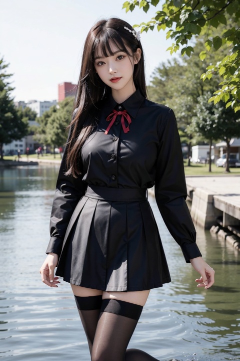 , 1girl, solo, skirt, pantyhose, long hair, black hair, outdoors, smile, ribbon, red ribbon, looking at viewer, red eyes, pleated skirt, neck ribbon, shirt, black pantyhose, school uniform, black skirt, bangs, long sleeves, black jacket, jacket, blush, white shirt, standing, leaf, closed mouth, water, tree, black nails, collared shirt, breasts, wading, sky, day, water drop, feet out of frame, nail polish, clothes lift, skirt hold, medium breasts, lifted by self