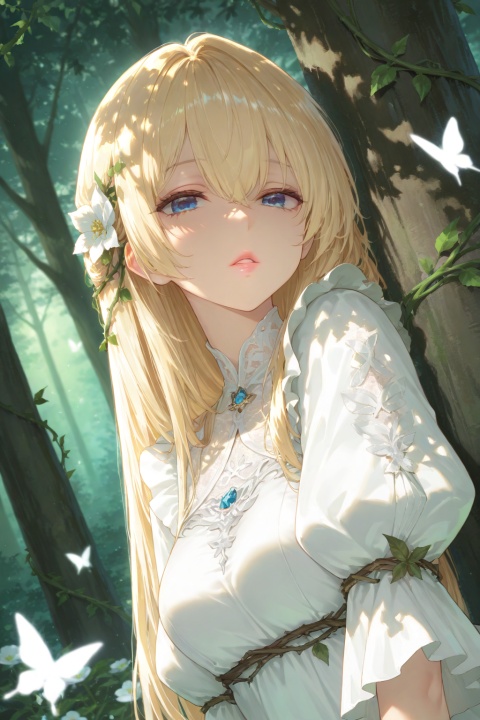 masterpiece, best quality, amazing quality, very aesthetic, high resolution, ultra-detailed, absurdres, newest, scenery, anime, anime coloring, (dappled sunlight:1.2), rim light, backlit, dramatic shadow, 1girl, long blonde hair, blue eyes, shiny eyes, parted lips, medium breasts, puffy sleeve white dress, forest, flowers, white butterfly, looking at viewer, leaning side against tree, vines, green, arms, upper body, close-up, dutch angle, shiny skin, BREAK, eyes, lips, dramatic shadow, detailed eyes, detailed hair, depth of field, vignetting, volumetric lighting