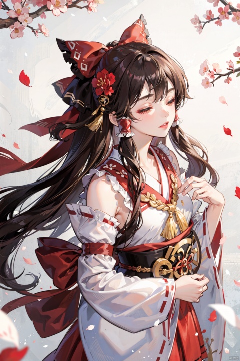 , 1girl, long hair, solo, hakurei reimu, brown hair, petals, bow, hair bow, wide sleeves, hair tubes, japanese clothes, red bow, flower, closed eyes, from above, skirt, cherry blossoms, long sleeves, hair ornament, branch, hair flower, very long hair, red skirt, miko, ribbon trim, kimono, detached sleeves, ribbon-trimmed sleeves, bangs