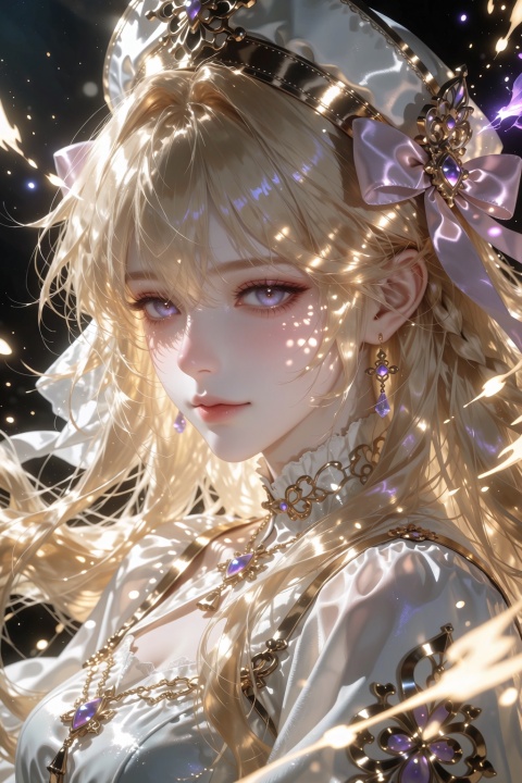 ((Artist: reoen),(Artist: fuzichoco),(Artist: atdan),(Artist: torino_aqua),2024: 0.8),[Artist: wlop],[Artist: ningen_mame],Artist: ciloranko,[[Artist: rhasta]],Artist: tidsean, best quality, very beautiful, absurd, 32k UHD, sharp focus, best quality, emotional, gentle atmosphere, with high-end texture, fashion photography style, dynamic, dynamic force image,(visual impact:1.2), influential image, official art, golden hair, hat, ribbon, closed mouth, purple eyes, white headwear,