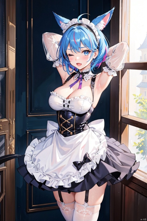  , 1girl, breasts, cheshire \(azur lane\), manjuu \(azur lane\), thighhighs, one eye closed, cleavage, multicolored hair, large breasts, garter straps, arms up, streaked hair, looking at viewer, detached sleeves, maid headdress, dress, animal ears, white thighhighs, armpits, purple hair, fang, frills, maid, open mouth, hairband, blue eyes, fake animal ears, solo, frilled hairband, bird, aqua eyes, zettai ryouiki, two-tone hair, skin fang, indoors, blush, thighs, stretching, wrist cuffs, chick, arms behind head, blue hair, ribbon, short hair, standing, ahoge