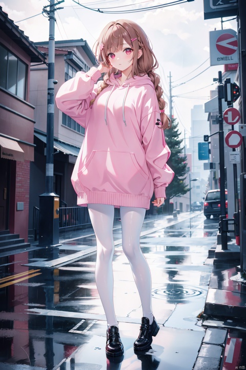 masterpiece, best quality,shiny,chromatic aberration abuse,pastel color,full body,wide shot,
1girl, solo, brown hair, long hair, hair ornament,  braid, hairclip, red eyes, ,
looking at viewer,mature female,
architecture,trees,alley,rain,standing, hand on own face, 
 pink hoodie, white pantyhose,