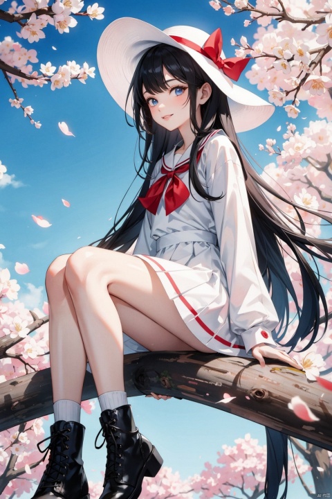 , 1girl, long hair, tree, solo, dress, hat, black hair, white dress, white headwear, very long hair, sitting, cherry blossoms, black footwear, in tree, outdoors, long sleeves, sitting in tree, looking at viewer, boots, ribbon, day, red neckerchief, flower, branch, sky, sun hat, smile, wind, red bow, blue sky, red ribbon