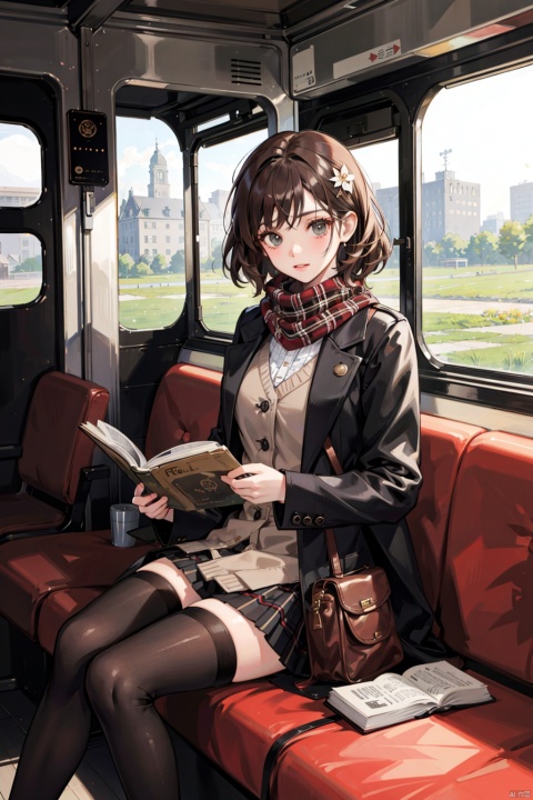 , 1girl, train interior, scarf, solo, sitting, brown hair, thighhighs, skirt, book, reading, black thighhighs, scenery, coat, grass, zettai ryouiki, pleated skirt, window, long sleeves, short hair, flower, holding, bag, ground vehicle, open book, hair ornament, plaid