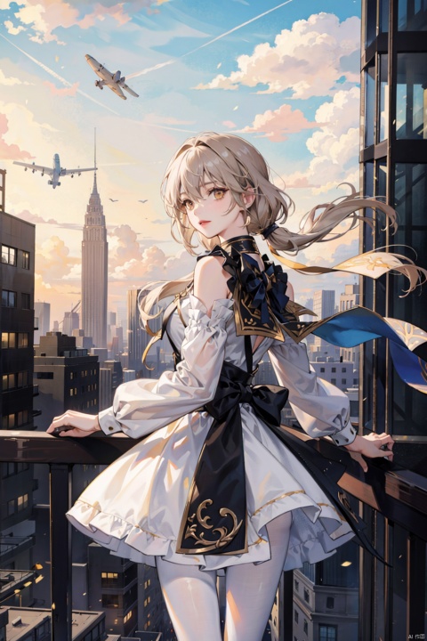 , 1girl, capelet, solo, dress, building, cloud, sky, outdoors, looking at viewer, wind, standing, railing, cloudy sky, city, bangs, long hair, skyscraper, grey dress, long sleeves, yellow eyes, cityscape, scenery, short hair, jewelry, brown eyes, pantyhose, hair between eyes, camera, aircraft, science fiction, ground vehicle, floating hair
