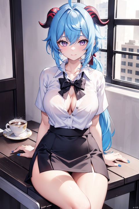 , 1girl, ganyu \(genshin impact\), breasts, button gap, crossed legs, horns, long hair, solo, skirt, blue hair, sitting, ahoge, pencil skirt, shirt, looking at viewer, black skirt, purple eyes, cup, white shirt, thighs, underwear, large breasts, bangs, office lady, panties, smile, cleavage, alternate costume, blue nails, goat horns, collared shirt, bare legs, very long hair, shirt tucked in, miniskirt, multicolored eyes, pantyshot, coffee, window, nail polish, black panties, contemporary, sidelocks, teacup, indoors, table, hand on own chest, gradient eyes, collarbone, closed mouth, blush, bow, low ponytail, short sleeves, legs, dress shirt, hair between eyes, taut shirt