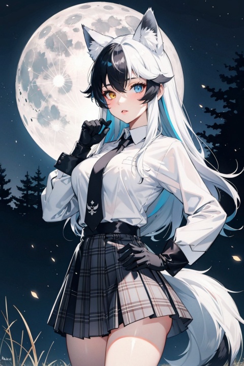 , 1girl, solo, forest, grey wolf \(kemono friends\), heterochromia, animal ears, nature, tail, blue eyes, wolf ears, multicolored hair, yellow eyes, necktie, wolf tail, breasts, skirt, night, long hair, fur collar, moon, black hair, looking at viewer, tree, large breasts, two-tone hair, long sleeves, full moon, outdoors, hand on hip, gloves, white hair, plaid skirt, moonlight, plaid, white gloves, wolf girl, jacket, pleated skirt