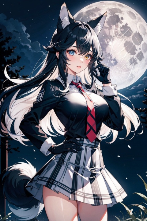 , 1girl, solo, forest, grey wolf \(kemono friends\), heterochromia, animal ears, nature, tail, blue eyes, wolf ears, multicolored hair, yellow eyes, necktie, wolf tail, breasts, skirt, night, long hair, fur collar, moon, black hair, looking at viewer, tree, large breasts, two-tone hair, long sleeves, full moon, outdoors, hand on hip, gloves, white hair, plaid skirt, moonlight, plaid, white gloves, wolf girl, jacket, pleated skirt