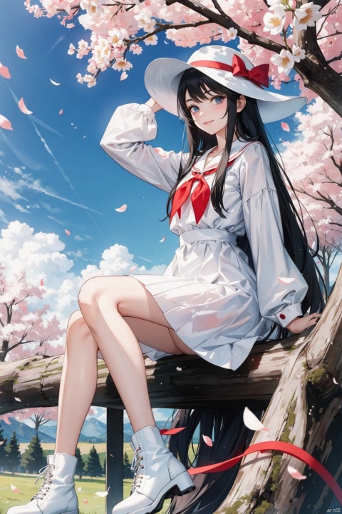 , 1girl, long hair, tree, solo, dress, hat, black hair, white dress, white headwear, very long hair, sitting, cherry blossoms, black footwear, in tree, outdoors, long sleeves, sitting in tree, looking at viewer, boots, ribbon, day, red neckerchief, flower, branch, sky, sun hat, smile, wind, red bow, blue sky, red ribbon