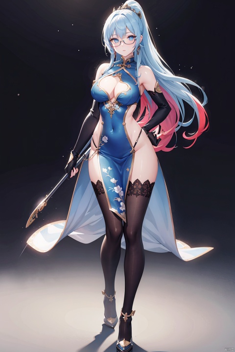(extremely detailed CG, best quality:1.1), 1girl, perfect face, bright pupils, (finely detailed beautiful eyes:1.1), blue eyes, shiny skin, lustrous skin, wide hips, narrow waist, long hair, glasses, semi-rimless eyewear, ponytail, multicolored hair, hair ornament, earrings, chinese clothes, bodysuit, cowboy shot, elbow gloves, dress, full body, depth of field, standing, high heels, 