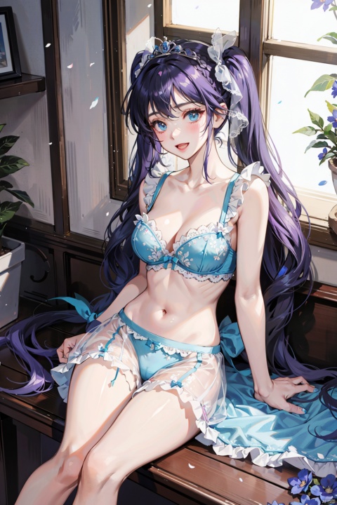  , 1girl, underwear, flower, solo, breasts, long hair, bra, blue bra, navel, panties, tiara, twintails, looking at viewer, smile, blue flower, very long hair, cleavage, medium breasts, collarbone, sitting, black hair, bangs, low twintails, nail polish, blue panties, lingerie, high heels, blush, bridal garter, ribbon, hand up, hair ribbon, stomach, braid, open mouth, petals, dress, aqua eyes, bare shoulders, underwear only, blue nails, :d, bow, see-through, indoors, lace trim, shoes, thighs, purple hair, white footwear, frills, floral print, blue dress, window