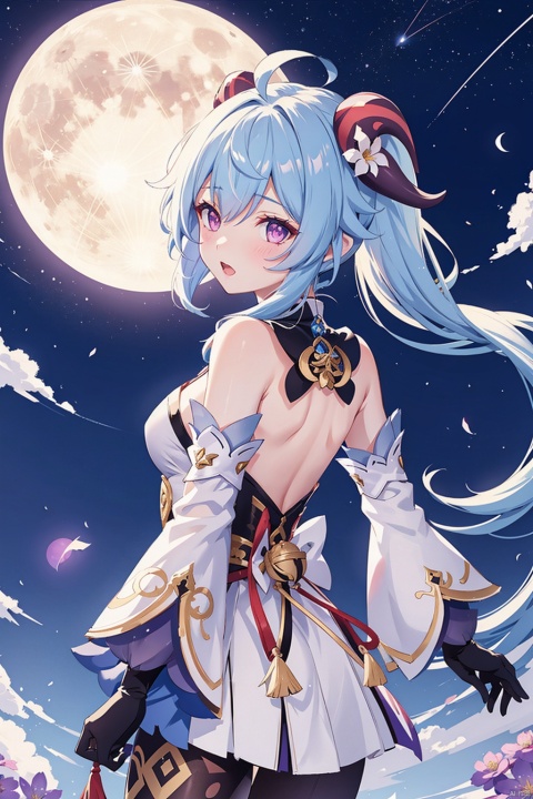 , 1girl, ganyu \(genshin impact\), flower, solo, long hair, horns, blue hair, gloves, night, moon, looking at viewer, ahoge, detached sleeves, night sky, purple eyes, sky, black gloves, holding flower, bangs, holding, backless outfit, bare shoulders, star \(sky\), full moon, starry sky, white sleeves, gold trim, bow, back, breasts, blush, from behind, looking back, sidelocks, medium breasts, outdoors, open mouth, low ponytail, bell, multicolored eyes, qingxin flower, long sleeves