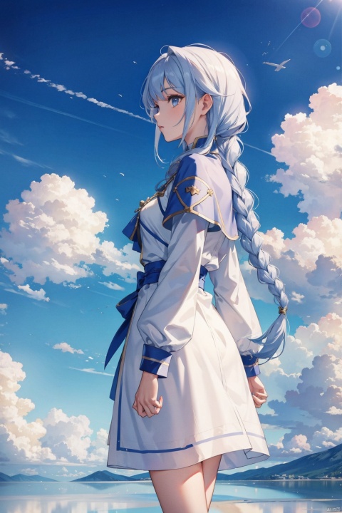 , 1girl, cloud, sky, solo, dress, scenery, long hair, cloudy sky, fantasy, reflection, capelet, standing, from side, braid, long sleeves