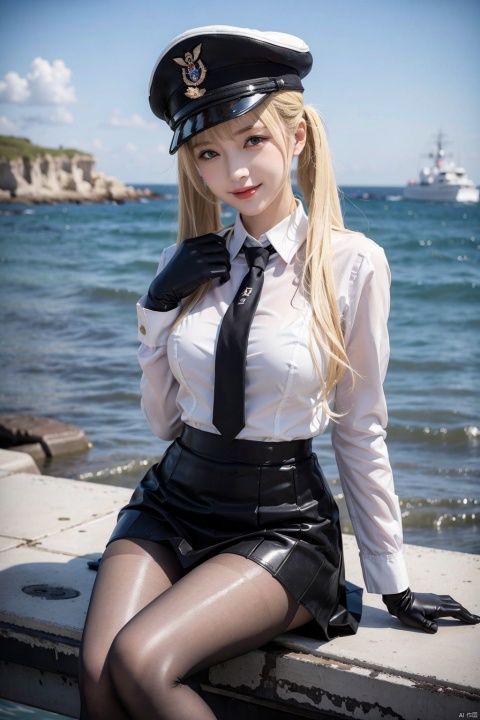 , 1girl, graf zeppelin \(kancolle\), pantyhose, blonde hair, breasts, wet clothes, solo, hat, twintails, wet, skirt, sidelocks, peaked cap, black pantyhose, large breasts, see-through, necktie, looking at viewer, bra, underwear, outdoors, sky, day, sitting, hair between eyes, uniform, gloves, capelet, cloud, blush, miniskirt, military, black gloves, long sleeves, water, military uniform, ocean, long hair, blue eyes, smile, blue sky, purple eyes, partially submerged, wariza, black skirt, closed mouth, white headwear, pleated skirt