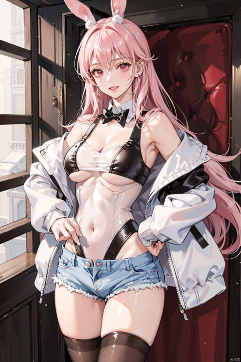 , 1girl, solo, animal ears, breasts, thighhighs, white shorts, long hair, shorts, jacket, off shoulder, rabbit ears, white jacket, shirt, crop top, short shorts, leotard, looking at viewer, open jacket, open clothes, red eyes, covered navel, white shirt, phone, long sleeves, parted lips, highleg, black thighhighs, nail polish, cowboy shot, white hair, leotard under clothes, standing, holding, cellphone, earrings, hair ornament, highleg leotard, pink hair, indoors, large breasts, brown thighhighs, black leotard, pink nails, medium breasts, very long hair, jewelry, smile, holding phone, thighs, crop top overhang, bangs, underboob, hair between eyes