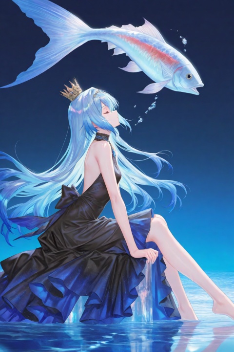 8k,best quality,masterpiece,(ultra-detailed),(high detailed skin),((artist:reoen),(artist:fuzichoco),(artist:atdan),(artist:torino_aqua),year 2024:0.8),kyzy, 1girl, solo, long hair, dress, sitting, blue hair, closed eyes, sleeveless, water, black dress, from side, profile, blue background, crown, fish, blue theme