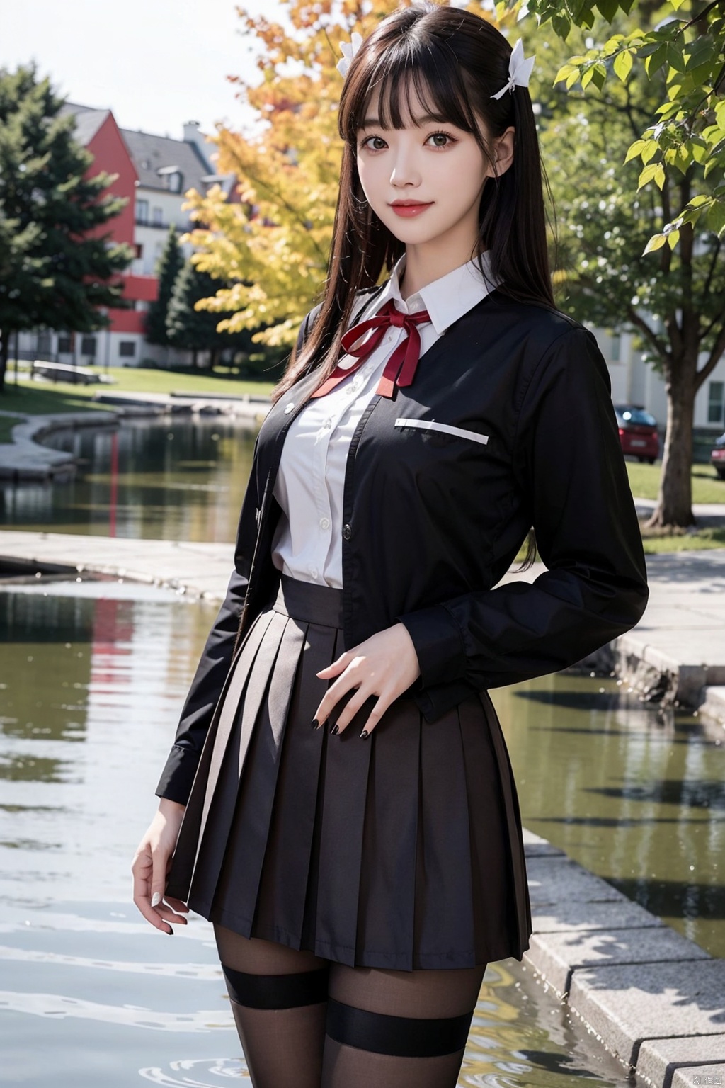 , 1girl, solo, skirt, pantyhose, long hair, black hair, outdoors, smile, ribbon, red ribbon, looking at viewer, red eyes, pleated skirt, neck ribbon, shirt, black pantyhose, school uniform, black skirt, bangs, long sleeves, black jacket, jacket, blush, white shirt, standing, leaf, closed mouth, water, tree, black nails, collared shirt, breasts, wading, sky, day, water drop, feet out of frame, nail polish, clothes lift, skirt hold, medium breasts, lifted by self