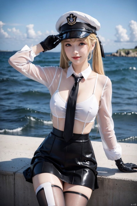 , 1girl, graf zeppelin \(kancolle\), pantyhose, blonde hair, breasts, wet clothes, solo, hat, twintails, wet, skirt, sidelocks, peaked cap, black pantyhose, large breasts, see-through, necktie, looking at viewer, bra, underwear, outdoors, sky, day, sitting, hair between eyes, uniform, gloves, capelet, cloud, blush, miniskirt, military, black gloves, long sleeves, water, military uniform, ocean, long hair, blue eyes, smile, blue sky, purple eyes, partially submerged, wariza, black skirt, closed mouth, white headwear, pleated skirt