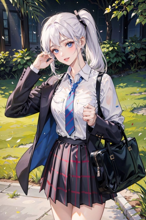 , 1girl, solo, skirt, necktie, shirt, white hair, striped necktie, white shirt, pleated skirt, looking at viewer, plaid skirt, collared shirt, long sleeves, outdoors, bangs, plaid, striped, grass, hair between eyes, one side up, pale skin, blue skirt, school uniform, pocket, purple eyes, smile, closed mouth, hand up, arm at side, day, breast pocket, dress shirt, from above, standing, side ponytail, wing collar, bag, blue eyes, parted lips, cowboy shot, green necktie, white skin, purple skirt, hand on own chest, long hair, jacket