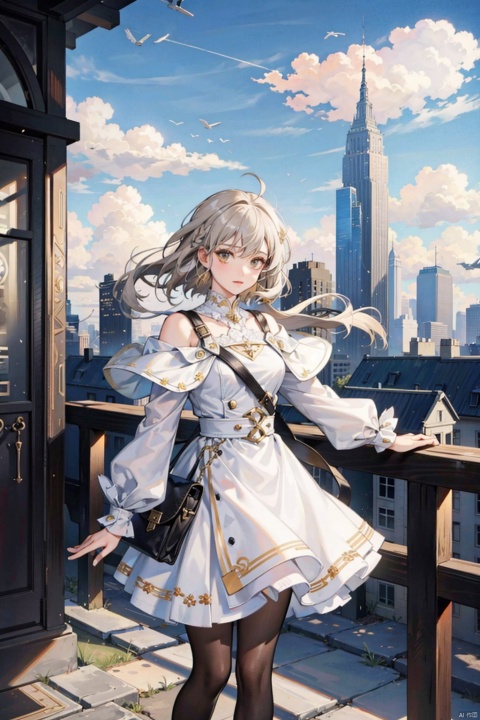  , 1girl, capelet, solo, dress, building, cloud, sky, outdoors, looking at viewer, wind, standing, railing, cloudy sky, city, bangs, long hair, skyscraper, grey dress, long sleeves, yellow eyes, cityscape, scenery, short hair, jewelry, brown eyes, pantyhose, hair between eyes, camera, aircraft, science fiction, ground vehicle, floating hair