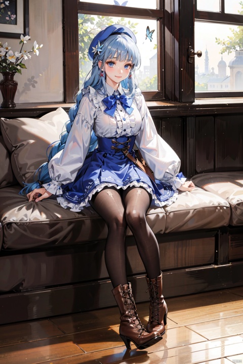 , 1girl, boots, white pantyhose, blue eyes, pantyhose, solo, hat, bangs, kamisato ayaka, sitting, long sleeves, braid, dress, looking at viewer, blue hair, blunt bangs, brown footwear, smile, flower, hair ornament, bug, butterfly, bow, frills, blue dress, cross-laced footwear, closed mouth, hair flower, beret, high heel boots, shirt, wooden floor, lace-up boots, boots removed, white shirt, photo \(object\), full body, high heels