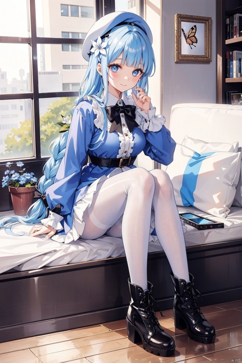 , 1girl, boots, white pantyhose, blue eyes, pantyhose, solo, hat, bangs, kamisato ayaka, sitting, long sleeves, braid, dress, looking at viewer, blue hair, blunt bangs, brown footwear, smile, flower, hair ornament, bug, butterfly, bow, frills, blue dress, cross-laced footwear, closed mouth, hair flower, beret, high heel boots, shirt, wooden floor, lace-up boots, boots removed, white shirt, photo \(object\), full body, high heels