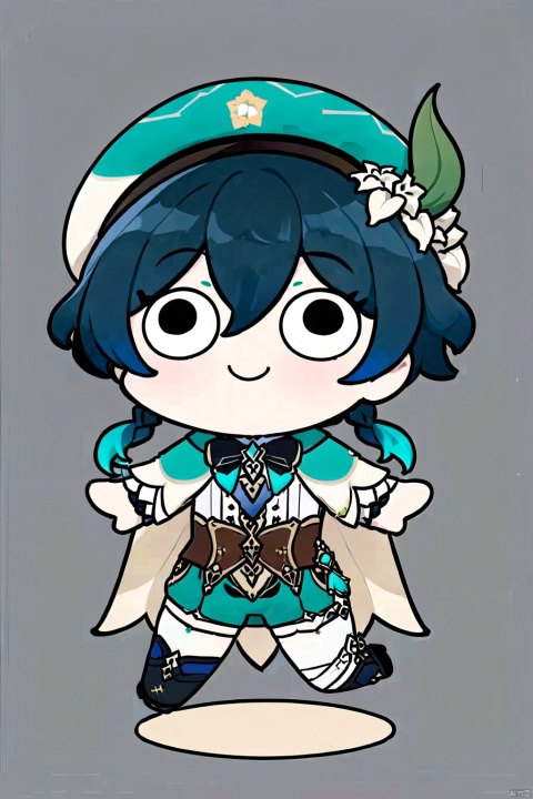 style-parody, venti \(genshin impact\), solo, green headwear, male focus, smile, 1boy, multicolored hair, hat, white background, simple background, gradient hair, braid, blue hair, long sleeves, twin braids, bangs, black hair, shirt, cape, beret, white shirt, looking at viewer, chibi, blush, closed mouth, androgynous, parody, flower, bow, short hair with long locks, collared shirt, black eyes, frills, leaf, standing, shorts, green shorts, collared cape, corset