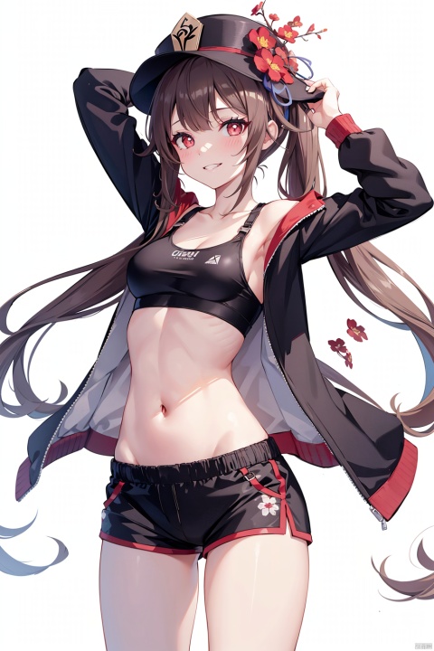 , 1girl, hu tao \(genshin impact\), solo, long hair, shorts, brown hair, hat, navel, black shorts, open clothes, red eyes, looking at viewer, jacket, open jacket, sports bra, breasts, white background, symbol-shaped pupils, black headwear, long sleeves, stomach, simple background, arms up, very long hair, cowboy shot, flower, short shorts, smile, midriff, thighs, armpits, flower-shaped pupils, hat flower, black sports bra, brown jacket, grin, plum blossoms, standing, grey jacket, bangs, shirt, twintails, crop top, medium breasts, alternate costume, blush, collarbone, black shirt, parted lips, small breasts