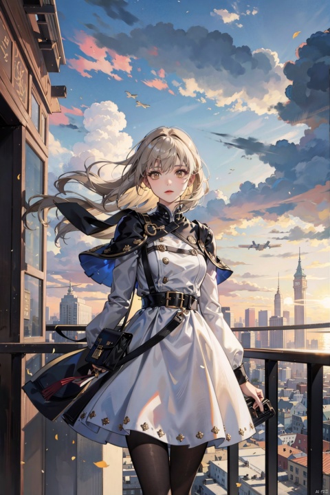 , 1girl, capelet, solo, dress, building, cloud, sky, outdoors, looking at viewer, wind, standing, railing, cloudy sky, city, bangs, long hair, skyscraper, grey dress, long sleeves, yellow eyes, cityscape, scenery, short hair, jewelry, brown eyes, pantyhose, hair between eyes, camera, aircraft, science fiction, ground vehicle, floating hair