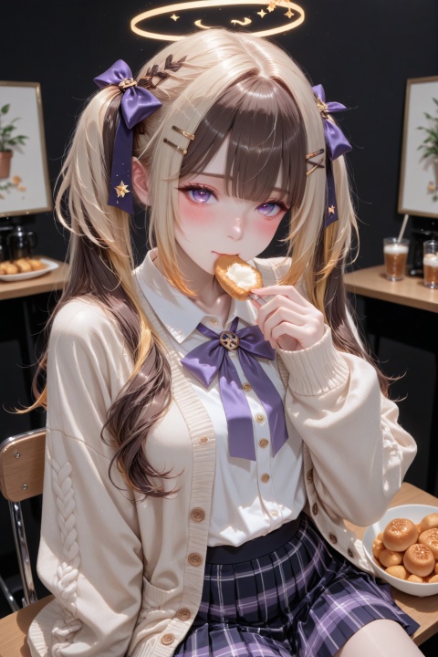 1girl, solo, looking at viewer, blush, skirt, blonde hair, simple background, brown hair, hair ornament, bow, ribbon, twintails, purple eyes, hair bow, multicolored hair, food, hairclip, virtual youtuber, blurry, halo, cardigan