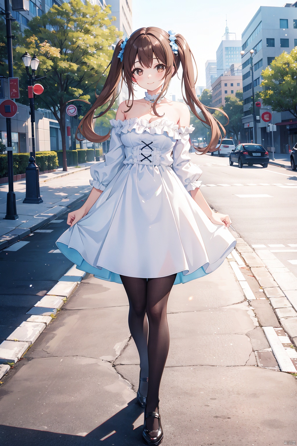 masterpiece, best quality,shiny,chromatic aberration abuse,pastel color,wide shot, full body,
1girl,solo, twintail,brown eyes,brown hair,smile,
outdoors,sunshine,trees,cityscape, 
 strapless two-tone dress,pantyhose,mooncake,