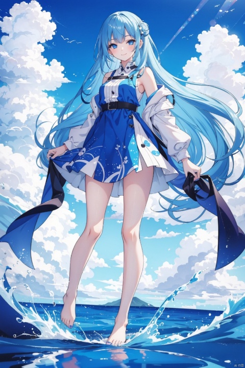 1girl, solo, ((liquid clothes)), ,
liquid clothes, blue theme, 1girl, solo, long hair, dress, barefoot, blue hair, one eye closed, blue eyes, blue nails, nail polish, toenail polish, cloud, toenails, full body, very long hair, sky print, blue dress, standing, sleeveless, looking at viewer, smile