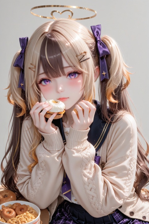 1girl, solo, looking at viewer, blush, skirt, blonde hair, simple background, brown hair, hair ornament, bow, ribbon, twintails, purple eyes, hair bow, multicolored hair, food, hairclip, virtual youtuber, blurry, halo, cardigan