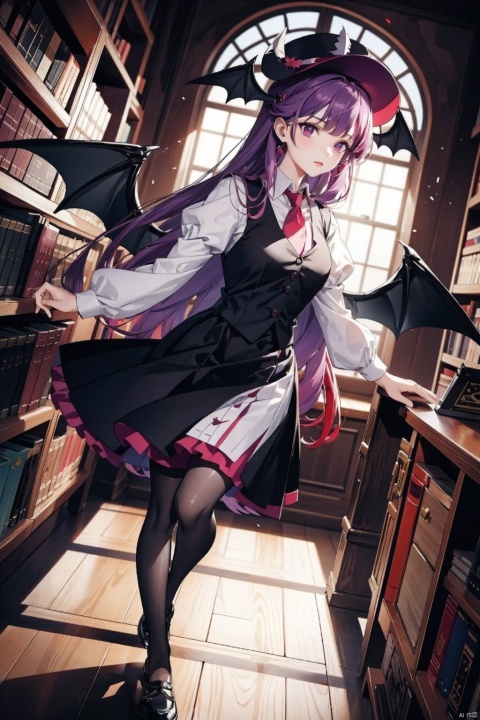 , koakuma, multiple girls, patchouli knowledge, 2girls, long hair, head wings, library, purple hair, book, red hair, wings, voile, bookshelf, red eyes, pantyhose, hat, dress, long sleeves, purple eyes, bat wings, mob cap, crescent, juliet sleeves, demon wings, holding, holding book, shoes, vest, white shirt, shirt, black footwear, puffy sleeves, necktie, skirt, looking at viewer, dutch angle, indoors, red necktie, floating, ladder, black dress