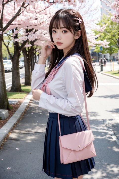 , 1girl, solo, skirt, school uniform, brown hair, pleated skirt, holding, serafuku, white shirt, blue skirt, shirt, bag, sailor collar, blush, long sleeves, cherry blossoms, blurry, long hair, love letter, branch, blue sailor collar, depth of field, signature, bangs, petals, envelope, school bag, outdoors, brown eyes, neckerchief, blurry background, day, hands up, letter, holding envelope, looking at viewer, profile, blurry foreground, standing, flower, pink flower, parted lips, red neckerchief, from side, spring \(season\), looking back