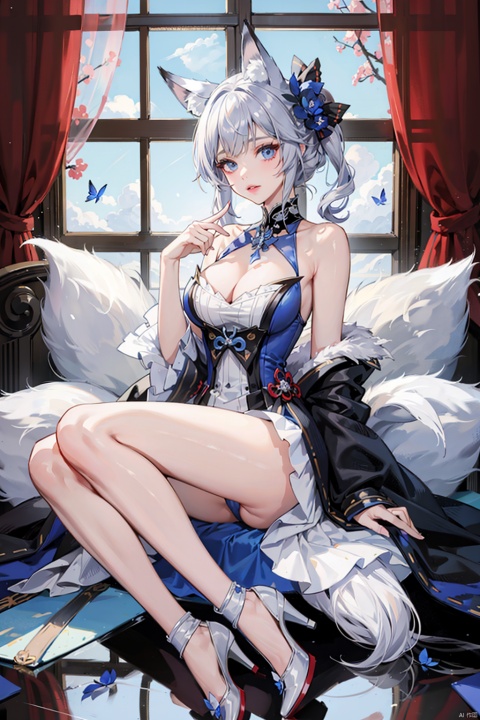 , 1girl, animal ears, breasts, feather boa, white tail, tail, multiple tails, shinano \(azur lane\), solo, fox ears, kitsune, cleavage, dress, large breasts, blue dress, long hair, high heels, large tail, animal ear fluff, kyuubi, bare shoulders, looking at viewer, sitting, fox tail, clothing cutout, blue collar, full body, official alternate costume, collar, blue butterfly, blue eyes, bug, indoors, bangs, halter dress, butterfly, white footwear, center opening, sleeveless, sleeveless dress, hand on own chest, white hair, lips, fox girl, grey hair, curtains, blue hair, skirt, ribbon