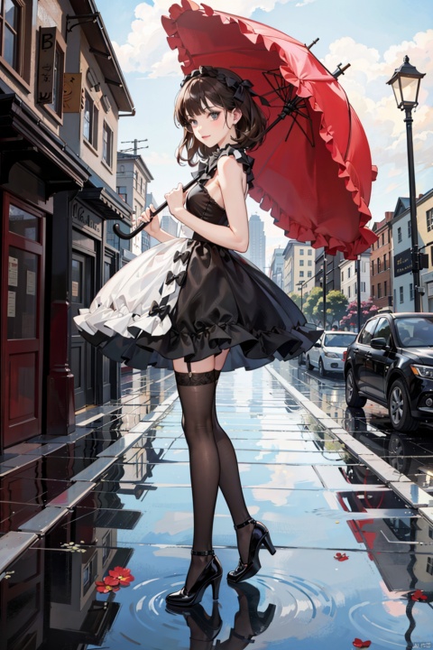 , ground vehicle, car, motor vehicle, 1girl, umbrella, letterboxed, holding umbrella, holding, reflection, dress, english text, black footwear, outdoors, thighhighs, solo, flower, plant, standing, storefront, shoes, potted plant, road, bangs, frills, cat, brown hair, frilled dress, white thighhighs, night, closed mouth, building, lamppost, street, high heels, looking at viewer, wide shot, rain, sleeveless dress, scenery, black hair, vehicle focus, sleeveless, sports car, bow, red flower, bare shoulders, long hair, parasol, short hair, mary janes, artist name, white dress, ribbon, water, pavement, puddle, sign