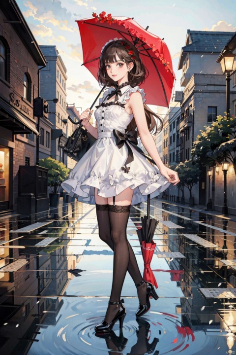 , ground vehicle, car, motor vehicle, 1girl, umbrella, letterboxed, holding umbrella, holding, reflection, dress, english text, black footwear, outdoors, thighhighs, solo, flower, plant, standing, storefront, shoes, potted plant, road, bangs, frills, cat, brown hair, frilled dress, white thighhighs, night, closed mouth, building, lamppost, street, high heels, looking at viewer, wide shot, rain, sleeveless dress, scenery, black hair, vehicle focus, sleeveless, sports car, bow, red flower, bare shoulders, long hair, parasol, short hair, mary janes, artist name, white dress, ribbon, water, pavement, puddle, sign