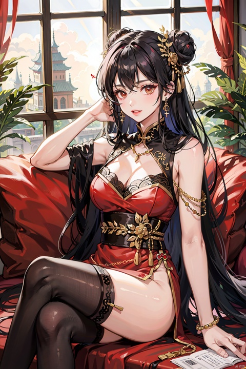 , 1girl, jewelry, dress, sitting, thighhighs, crossed legs, solo, earrings, red dress, long hair, necklace, bare shoulders, bracelet, hair bun, black hair, breasts, hair ornament, indoors, looking at viewer, window, black thighhighs, ribbon, sash, cleavage, chinese clothes